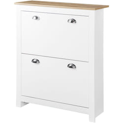 Homcom - Armoire à chaussures 2 portes abattantes 2 compartiments poignées coquilles métal mdf blanc chêne clair