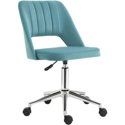 Chaise de bureau design contemporain dossier ergonomique ajouré strié hauteur réglable pivotante 360° piètement chromé velours bleu canard