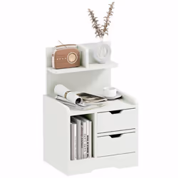 Chevet table de nuit multi-rangement 2 tiroirs niche étagère plateau panneaux particules blanc