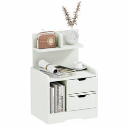 Chevet table de nuit multi-rangement 2 tiroirs niche étagère plateau panneaux particules blanc