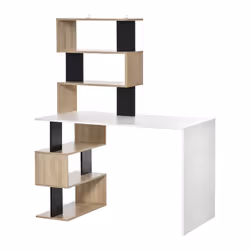 Bureau informatique design contemporain avec bibliothèque zig zag 6 étagères panneaux particules aspect chêne clair noir blan ...