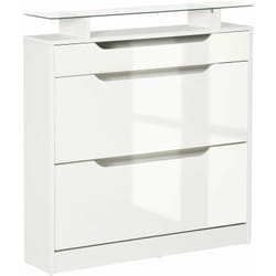 Armoire à chaussures avec 2 tiroirs rabattables + 1 tiroir coulissant + 1 comptoir et 1 plateau en verre étagère réglable sur 2 niveaux 89 x 23 x 96