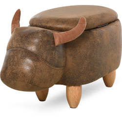 Tabouret vache - pouf vachette - pouf taureau coffre de rangement 2 en 1 - pieds bois d'hévéa revêtement synthétique aspect daim vieilli marron