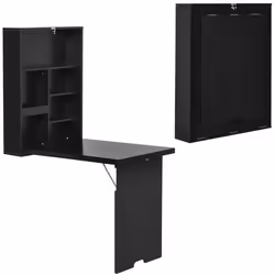 Bureau mural pliable table murale rabattable suspendue sur pied étagère + tableau à craie intégré MDF noir
