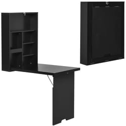 Bureau mural pliable table murale rabattable suspendue sur pied étagère + tableau à craie intégré MDF noir