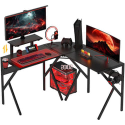 Homcom - Bureau gaming d'angle bureau gamer bureau informatique bracket casque porte-gobelet étagère écran réglable métal panneaux texture carbone