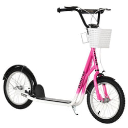 Trottinette patinette enfant grandes roues pneumatiques guidon réglable frein AV-AR garde-boue béquille panier métal rose blanc