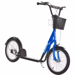Trottinette patinette enfant grandes roues pneumatiques guidon réglable frein AV-AR garde-boue béquille panier métal bleu noi ...
