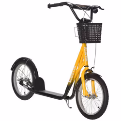 Trottinette patinette enfant grandes roues pneumatiques guidon réglable frein AV-AR garde-boue béquille panier métal jaune no ...