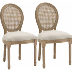 Lot de 2 chaises de salle à manger - chaise de salon médaillon style Louis xvi - bois massif sculpté, patiné - dossier cannage - aspect lin beige