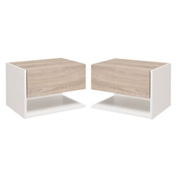 Lot de 2 tables de chevet murales - tiroir coulissant, étagère, plateau - panneaux particules bicolore aspect chêne clair blanc