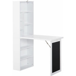 Bureau mural pliable table murale rabattable suspendue sur pied avec bibliothèque tableau à craie intégré panneaux particules blanc