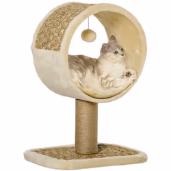 Ce superbe arbre à chat rond style cosy chic mélant les revêtements en cordes d'algues tressées et peluche courte apportera u ...