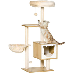 Arbre à chat multi-équipement griffoirs grattoirs niche hamac panier coussins amovibles H126 cm peluche courte sisal naturel beige