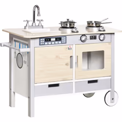 Cuisine desserte pour enfant 2 en 1 multi-équipement avec 5 accessoires acier inox. MDF aspect bois clair gris