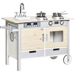 Cuisine desserte pour enfant 2 en 1 multi-équipement avec 5 accessoires acier inox. MDF aspect bois clair gris