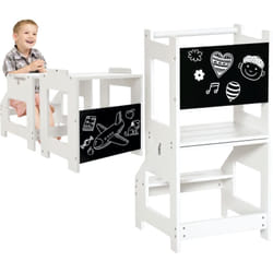 Homcom - Tour d'apprentissage tableau à craie tabouret bureau 3 en 1 - marches antidérapantes, barreau, hauts rebords de sécurité - mdf blanc noir