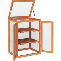 Mini serre de jardin 3 niveaux dim. 58L x 44l x 78H cm double porte toit ouvrant bois sapin lasuré polycarbonate