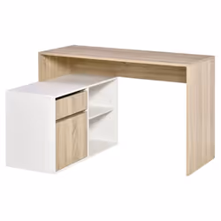 Bureau dangle bureau informatique multimédia multi-rangement panneaux particules aspect chêne clair blanc 120x92x75cm Beige