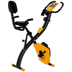 Vélo dappartement jaune pliant 8 niveaux de résistance magnétique dossier selle réglable poignées ergonomiques écran LCD.