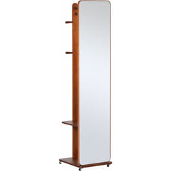 Miroir sur pied avec roulettes - portant, 4 patères étagère mdf aspect noyer