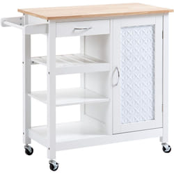 Desserte de cuisine style contemporain - porte, tiroir, 3 étagères - poignées métal mdf blanc plateau bois pin