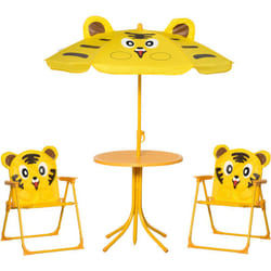 Outsunny - Ensemble salon de jardin enfant 4 pcs design tigre - table ronde + 2 chaises pliables + parasol - métal époxy oxford jaune