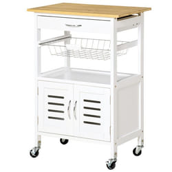 HOMCOM Chariot de service desserte de cuisine à roulettes meuble de rangement avec plateau en bambou panier en métal et armoire