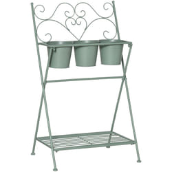 Tagère à fleurs 2 niveaux style rural chic - pliable - 3 pots de fleurs inclus, étagère - métal époxy anticorrosion vert d'eau