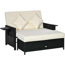 Ensemble de jardin 2 places : canapé dossier inclinable tablettes coffre matelas et coussins intégrées + repose-pieds résine tressée 4 fils noire