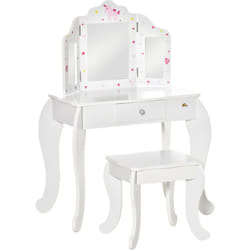 Homcom - Coiffeuse enfant avec tabouret, miroir triptyque et tiroir coulissant - coiffeuse dim. 63L x 40l x 85,5H cm - mdf blanc, rose
