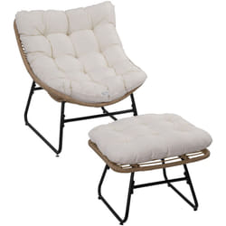 Outsunny - Fauteuil de jardin avec repose-pieds - 2 coussins polyester inclus - métal époxy résine tressée aspect rotin beige