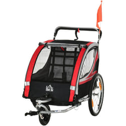Remorque vélo jogger 2 en 1 pour enfant drapeau roue avant pivotante réflecteurs et barre d'attelage inclus rouge noir