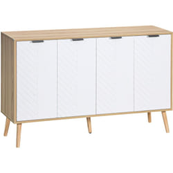Buffet design scandinave 4 portes 2 étagères piètement bois de pin panneaux portes motif chevrons blanc aspect bois clair
