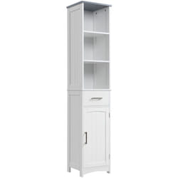 Kleankin - Meuble colonne salle de bain - 3 niches, placard porte étagère, tiroir - mdf blanc gris