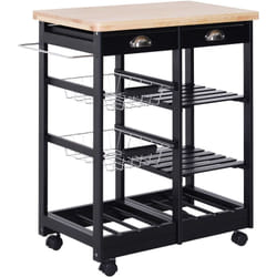 Chariot de service desserte de cuisine à roulettes multi-rangements 74L x 37l x 76H cm plateau bois massif pin châssis mdf noir