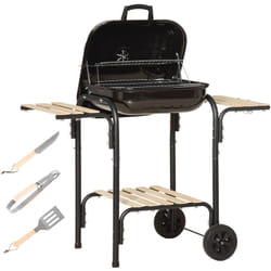 Outsunny - Barbecue à charbon - bbq grill sur pied avec couvercle, roulettes - 3 étagères, 3 crochets, 3 ustensiles, 2 grilles, cuve charbon amovible