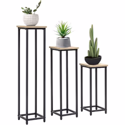 Support pots de fleurs 3 pièces - lot de 3 étagères à fleurs - portes plantes - acier époxy noir plateaux aspect bois de noye ...