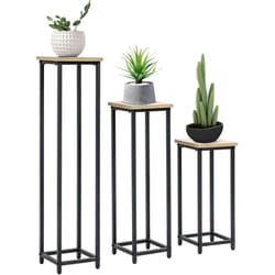 Support pots de fleurs 3 pièces - lot de 3 étagères à fleurs - portes plantes - acier époxy noir plateaux aspect bois de noyer
