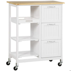 HOMCOM Desserte de cuisine à roulettes chariot de service avec plan de travail en bois de pin 2 étagère plateau amovible 3 tiroirs