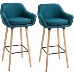 Tabourets de bar design scandinave - lot de 2 tabourets de bar grand confort avec repose-pieds et accoudoirs - bois de hêtre lin bleu canard