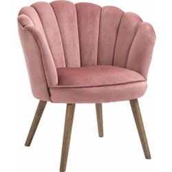 Fauteuil design coquillage piètement effilé bois d'hévéa dossier enveloppant strié aspect velours rose poudré