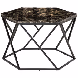 HOMCOM Table basse hexagonale avec plateau MDF aspect marbre et piètement graphique en métal noir - dim. 81L x 70l x 512H cm