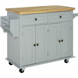 Desserte de cuisine multi rangements 2 tiroirs 2 placard 2 portes avec étagère range-bouteille porte-torchons mdf gris hévéa