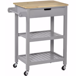 Desserte de cuisine à roulettes - chariot de service - tiroir, 2 étagères - plateau bois hévéa MDF gris