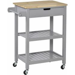 Desserte de cuisine à roulettes - chariot de service - tiroir, 2 étagères - plateau bois hévéa MDF gris