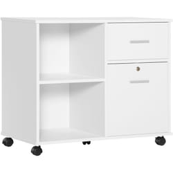 Support d'imprimante organiseur bureau caisson avec 2 tiroirs dont 1 verrouillable avec clé 2 niches grand plateau dim 80L x 40l x 66,5H cm blanc