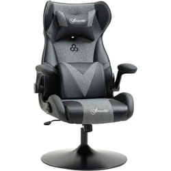 Fauteuil gaming base ronde métal pivotante 360° hauteur réglable tétière coussin lombaires accoudoirs relevables pu tissu gris noir