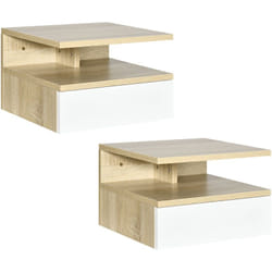 Homcom - Lot de 2 tables de chevet murales - lot de 2 tables de nuit - tiroir coulissant, niche et plateau - aspect chêne clair blanc