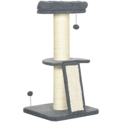 Arbre à chat 3 griffoirs grattoirs sisal naturel plateforme panier 2 boules suspendues peluche haute densité 220 g/m² gris